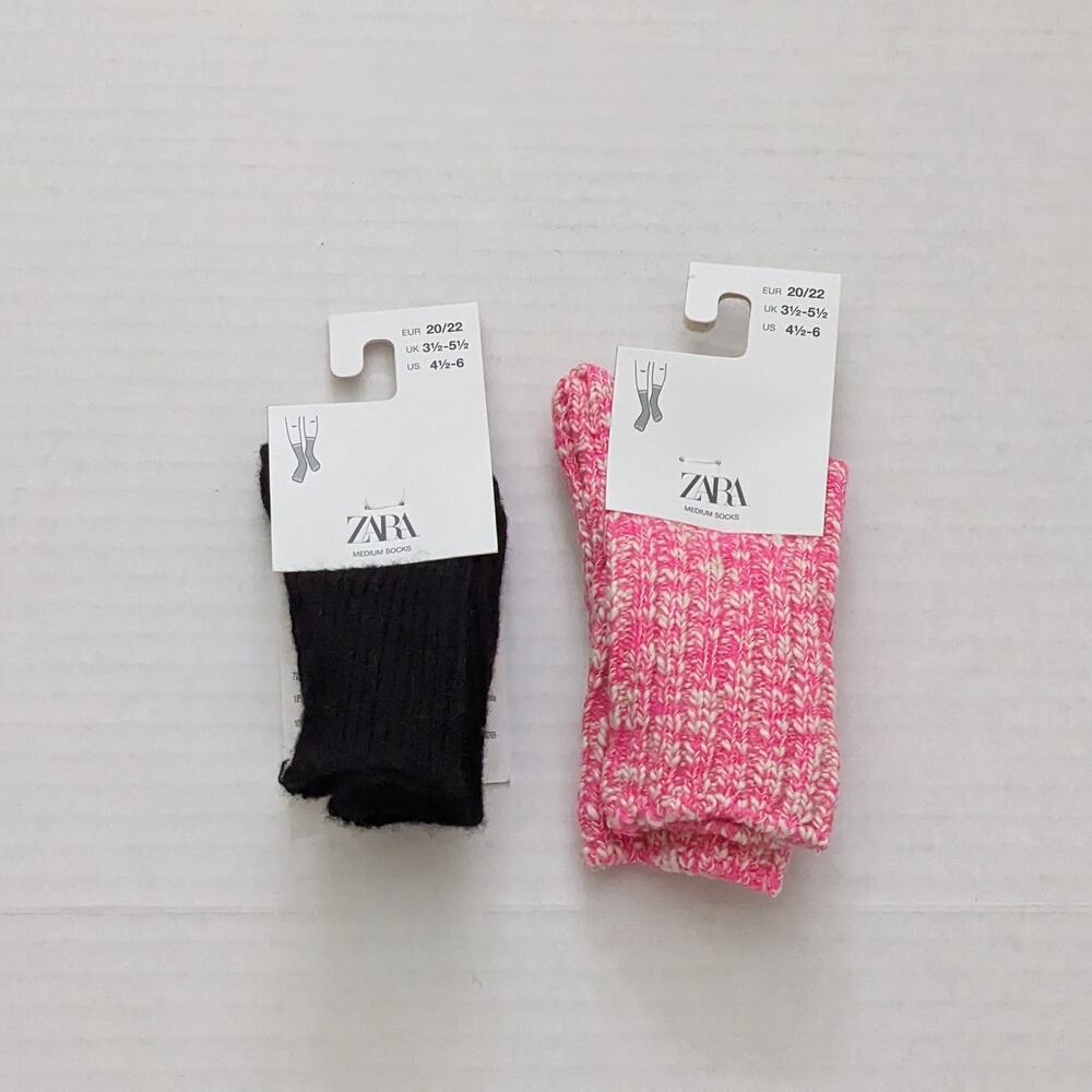 NWT Zara Sock Bundle Black Cashmere & Neon Pink Twisted Yarn Socks Size 12/24m